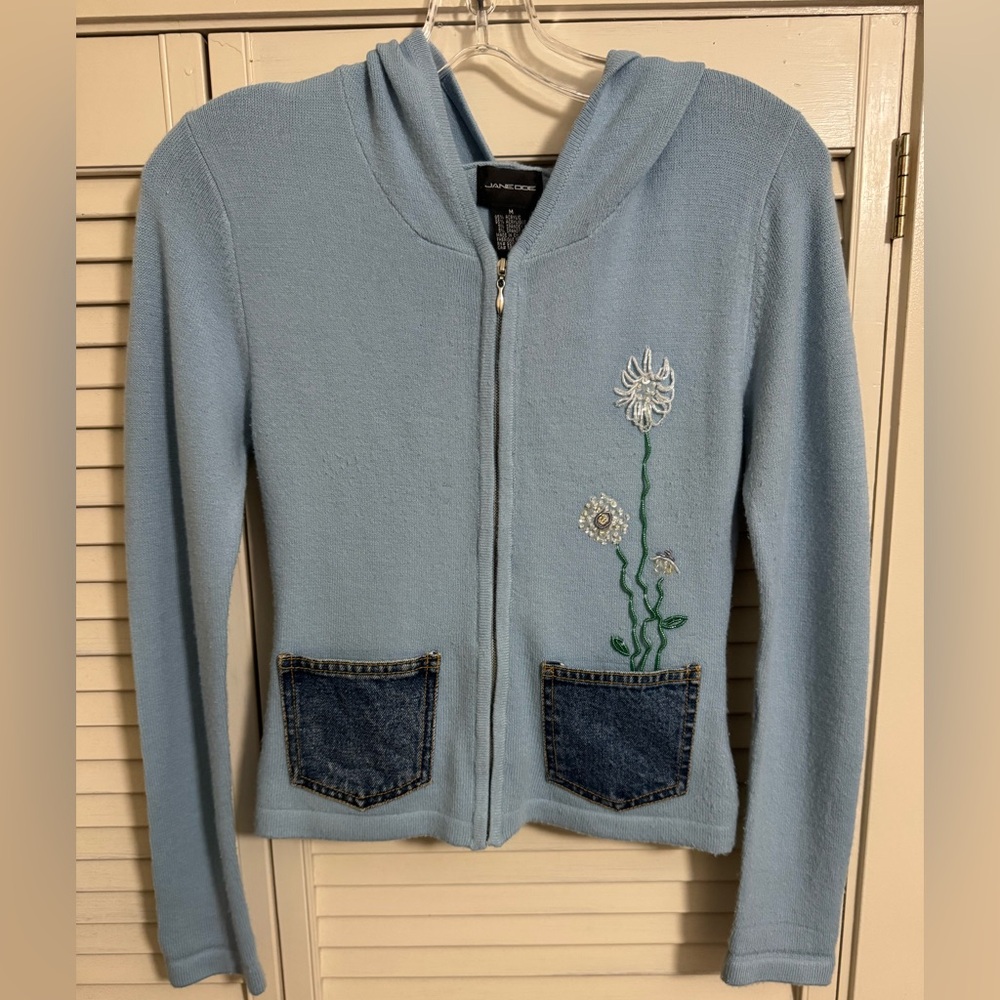 Unique Vintage Jane Doe light blue knit flower beaded zipper hoodie.